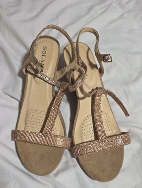 SOLANZ Rose Gold Sparkle T-Strap Wedge Sandals for Women 81/2